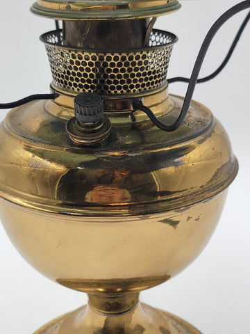 Antique Converted Holmes Booth & Haydens Brass Oil Lamp Ribbed Cased Green Shade