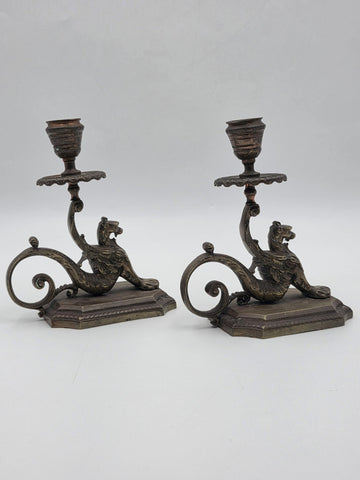 Antique Pair Solid Bronze Griffin Candlesticks Renaissance Revival Winged Lions