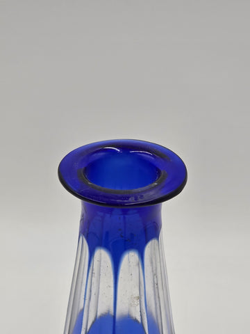 Bohemian Cobalt Cut to Clear Crystal Vase 10” Starburst Fan Pattern Vintage