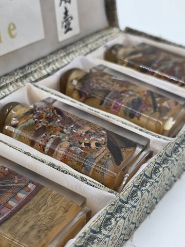 RARE RIVERSCENE CHINESE ASIAN PAINTED SET OF 6 SNUFF BOTTLES IN PRESENTATION BOX