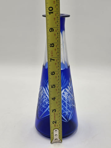 Bohemian Cobalt Cut to Clear Crystal Vase 10” Starburst Fan Pattern Vintage