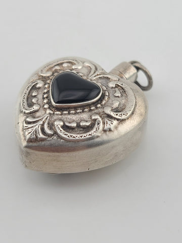 Antique 19th C Sterling Silver Pefume Bottle Heart Pendant Black Stone Inlay