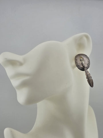 Antique Native American 925 Sterling Silver Earrings Concho Feather Dangle