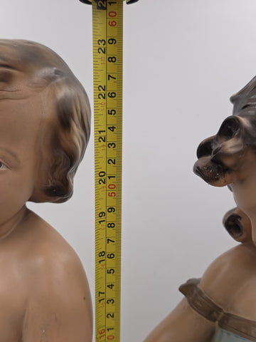 Paor huge 1920 French Art Deco Chalkware polychrome boy & girl figurine statues