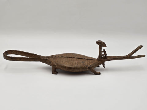 Rare African Senufo Bronze Crocodile with Rider Ritual Oracle Figure Lost Wax
