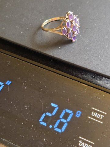 Antique 10K Solid Gold Amethyst Cluster Ring Diamond Accents Size 7.5 W Box.