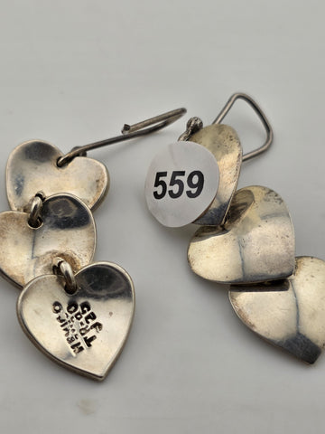 Rare Antique Taxco TR-60 Mexico Sterling Silver Triple Heart Earrings
