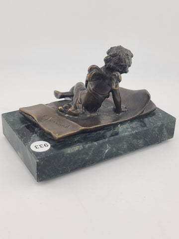 Ernest Justin Ferrand Bronze Winged Cupid Sculpture On Marble Base French Art