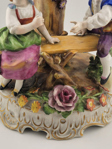 ANTIQUE 19th C DRESDEN VON SCHIERHOLZ BOY & GIRL ON SEESAW FIGURINE. 10.5 in.