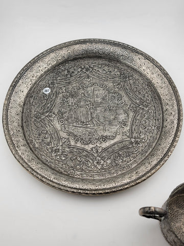 Antique 19C Silver Plate Derby Silver Repousse Plate Dutch Scenes W Engraved Cup