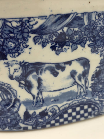Pair XL Blue White Transferware Cachepot Jardiniere Planters Farm Animal Decor