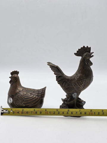 Pair Antique Chinese Bronze Rooster Hen Chicken Figures Qianlong Mark Auspicious