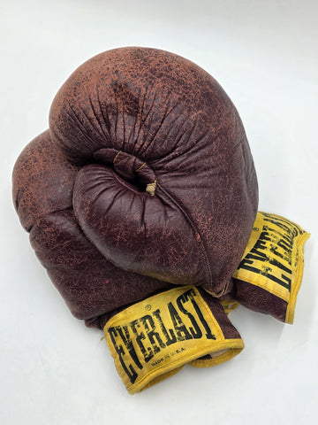 Antique 1950s Everlast 12oz Brown Leather Lace-Up Boxing Gloves Made in USA