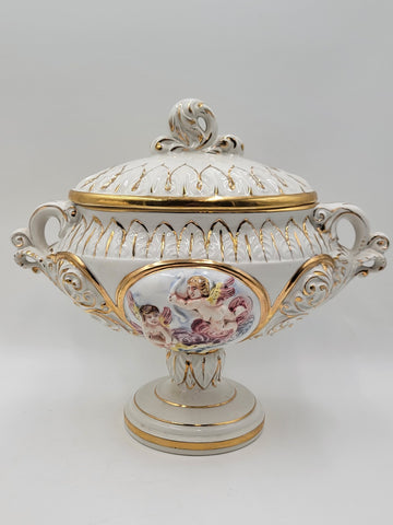 Set Of 2 Keramos Capodimonte Italy Cherub Centerpiece Vase Lidded Pedestal Bowls