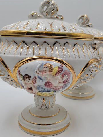 Set Of 2 Keramos Capodimonte Italy Cherub Centerpiece Vase Lidded Pedestal Bowls