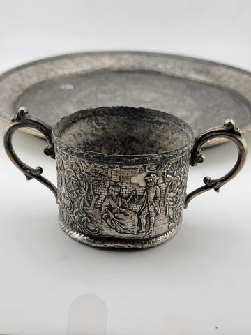 Antique 19C Silver Plate Derby Silver Repousse Plate Dutch Scenes W Engraved Cup