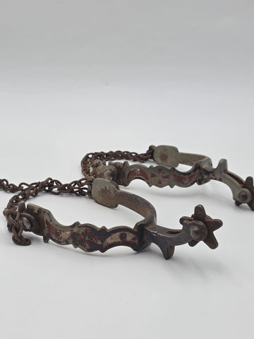 Antique Western Cowboy Spurs Pair Hand Engraved Red Inlay Steel w/ Chains