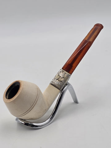 Antique Meerschaum Tobacco Pipe Sterling Silver Mount Cognac Amber Stem c.1890
