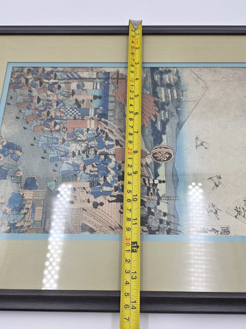 Framed Original 19thC Japanese Woodblock Print Kunisada Tokaido Nihonbashi Scene