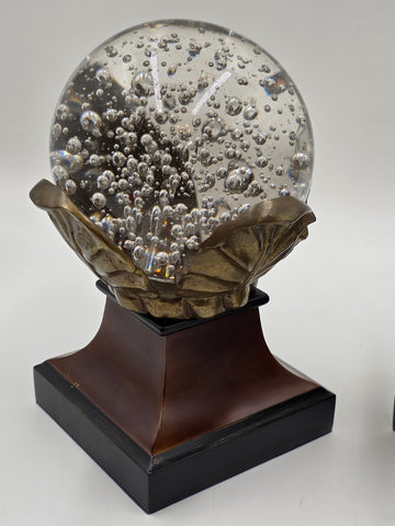 Rare Pair Of Antique Massive 6" Crystal Ball On Brass Leaves Bookends / Decor.