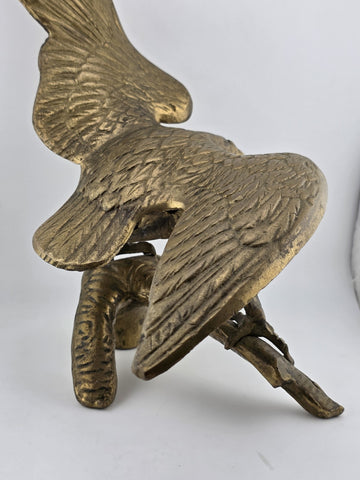 Vintage MCM Large Brass American Bald Eagle Perched on a Branch 14" Wingspan