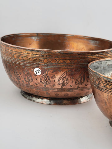 Antique Stuning Set Of 2 Nesting Large Middle Eastern Copper Bowls Hand Engraved