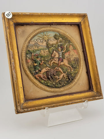 Rare Antique GERMAN MINIATURE WAX PAINTING "WILD BOAR HUNT" 1900s 16th C Style.