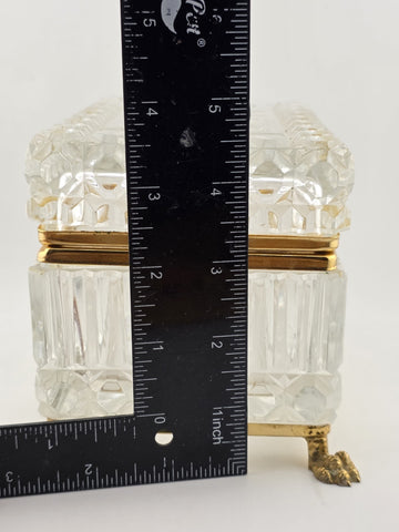 French Baccarat Style Jewelry Casket Footed Box Heavy Crystal Glass Hinged Lid