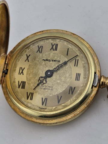 Vintage French Pocket Watch Nastrix 17J Antichoc Engraved Gold Filled Case 36mm