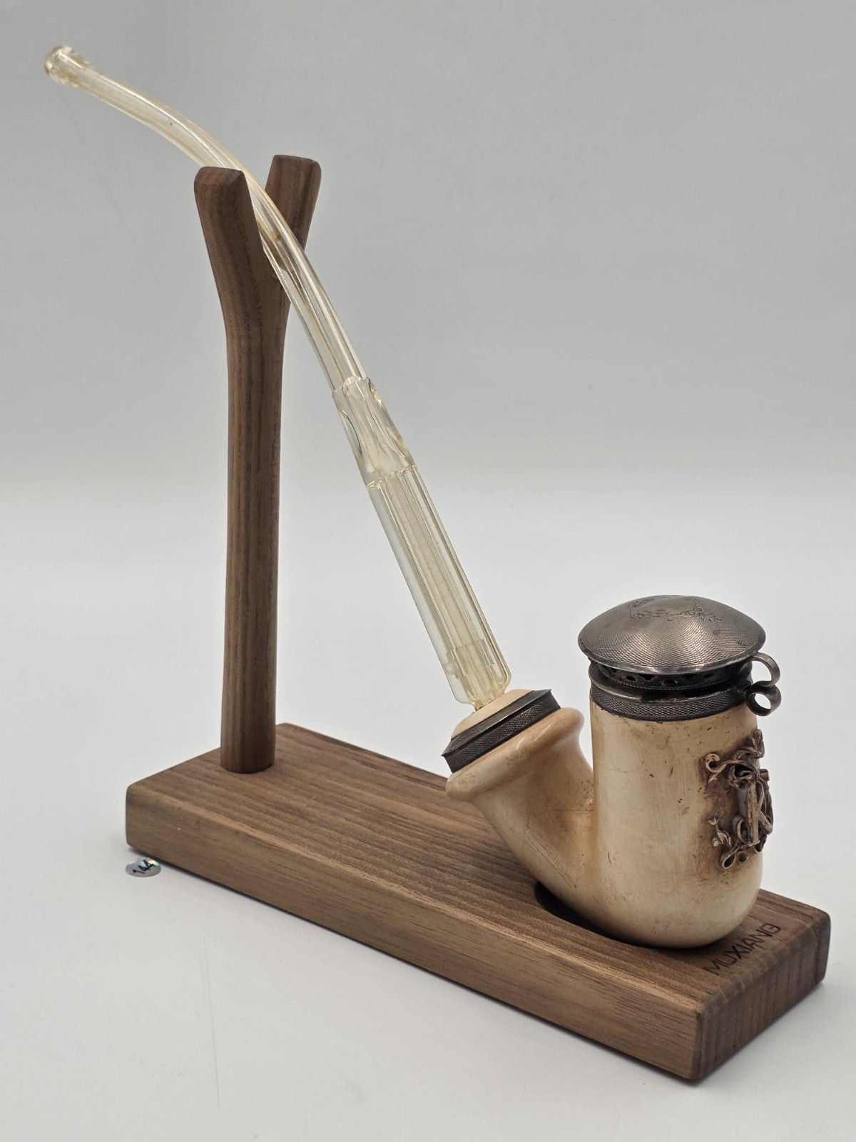 Antique Meerschaum Tobacco Pipe Long Amber Stem Silver Tone Wind Cap Monogram