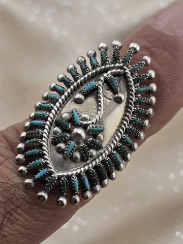 V. S. Johnson Sterling Silver Needlepoint Turquoise Zuni Ladies Ring Size 8 1/4