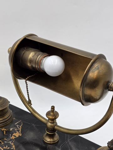 1920 Art Deco Brass Barrel Desk Lamp on Portoro Marble Base Dual Brass Inkwells