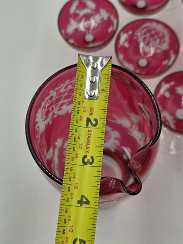 Rare Set Of 8 Antique Edwardian Wine Cranberry Glass Engraved Etched & Pitcher.