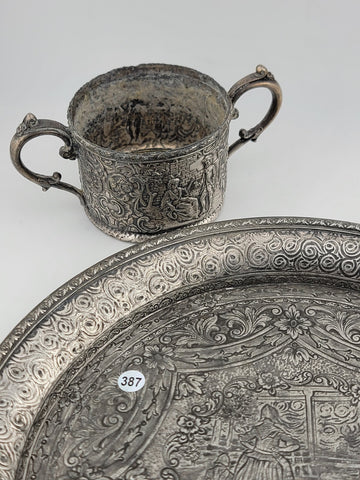 Antique 19C Silver Plate Derby Silver Repousse Plate Dutch Scenes W Engraved Cup