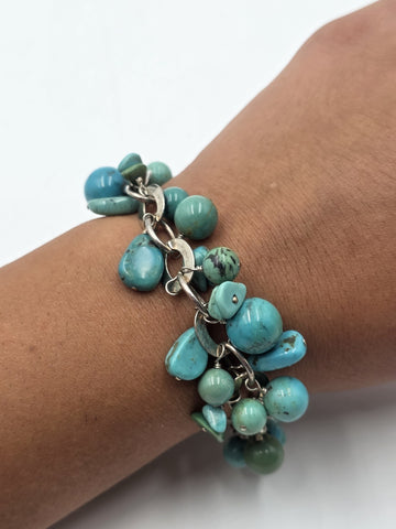 Vtg Sterling Silver 925 Turquoise Cluster Charm Bracelet Artisan Southwest 8"