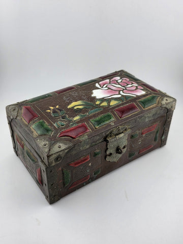 RARE ANTIQUE JAPANESE COPPER  BRASS-BOUND JEWELRY BOX W RAISED ENAMEL DECO MEIJI
