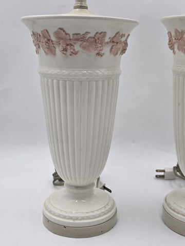 Pair Wedgwood Queensware Jasperware Cream Pink Grapevine Relief Table Lamps 24"
