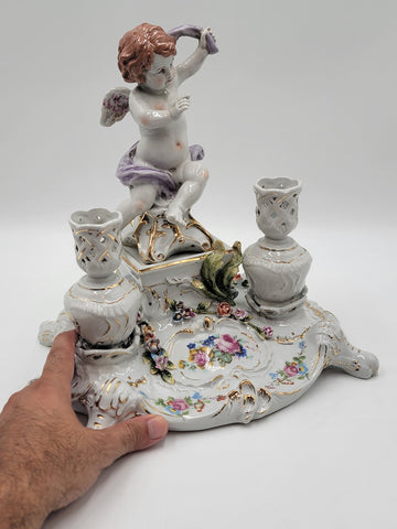 Rare Antique 19th C Porcelain Candle Holder Stand W Cherub & Flowers. Stamped.