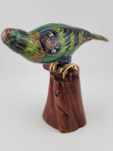 RARE BEAUTIFULLY COLORED CLOISONNE BIRD (PARAKEET) W WOODEN STAND. 7 Inch Wide.