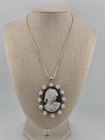 Large Sterling Silver Mother of Pearl Cameo Pendant Necklace Floral Frame 925