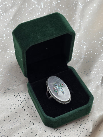 VTG  TAXCO M-5 MEXICO STERLING SILVER RING WITH BIRD INLAY MULTI COLOR STONES