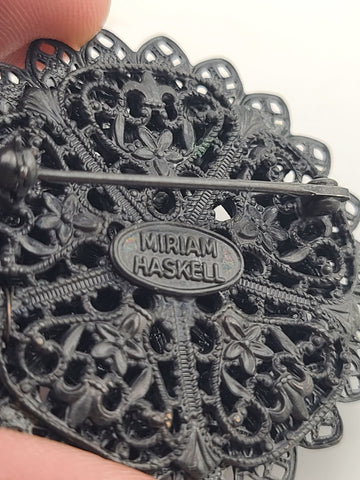 Vintage Ornate Filigree and Glass Bead Domed Miriam Haskell Mourning Brooch