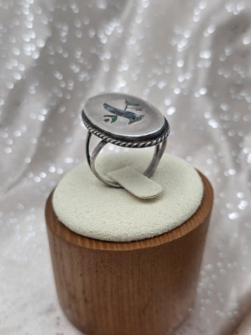 VTG  TAXCO M-5 MEXICO STERLING SILVER RING WITH BIRD INLAY MULTI COLOR STONES