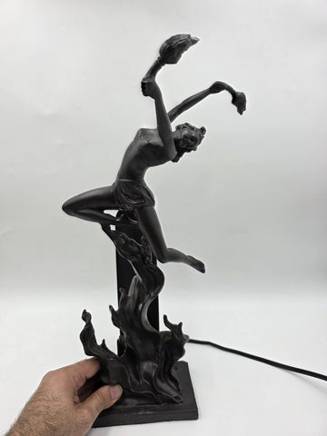 ANTIQUE ART DECO BRONZE STATUE SCULPTURE LADY FLAME LEAPER FERDINAND PRIESS LAMP
