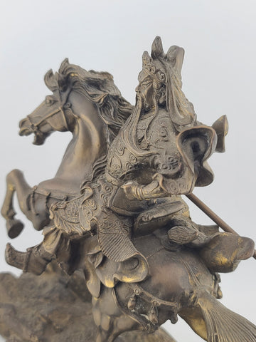 Antique 9" Chinese Ancient Bronze Guan Gong Yu Warrior God Ride Horse Statue