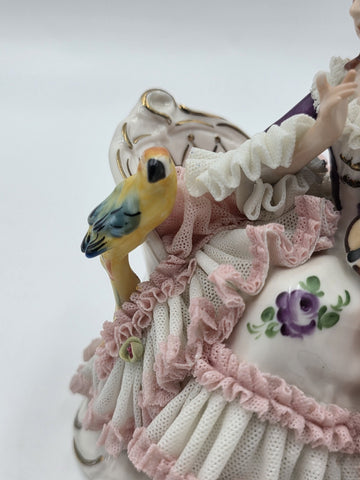 Vintage Dresden Art Germany Lace Porcelain Lady Musician Figurine Bird Bench