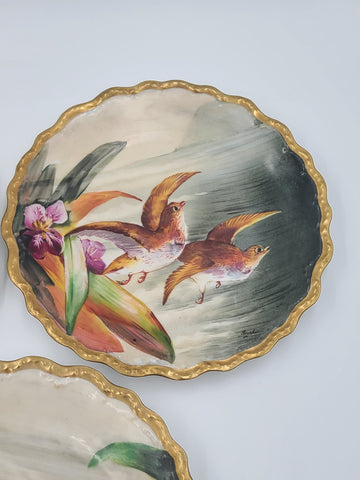 SET OF 3 ANTIQUE LIMOGES FRANCE LRL HAND PAINTED BIRDS CABINET PLATE SIGNED