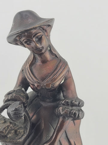 Antique French Bronze Peasant Girl Figurine c.1900 Art Nouveau 8” Statue