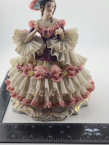 Mid Century Authentic Dresden Lace Porcelain Lady Figurine Rococo Dress Handmade