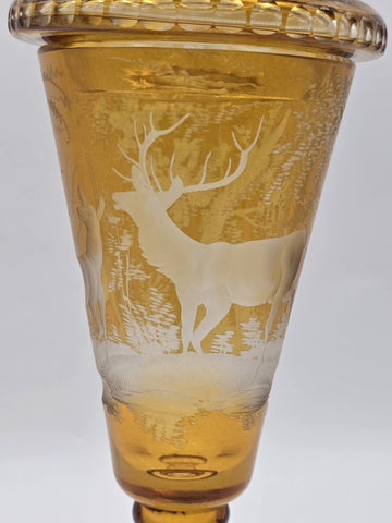 Rare Antique C1920's Bohemian Amber Cut to Clear Lidded Goblet Stag Forest Scene
